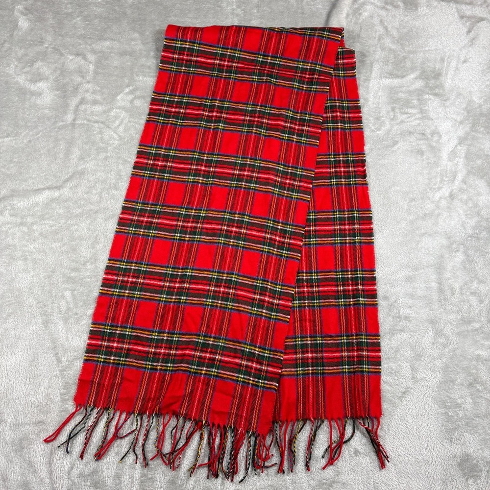 V Fraas Cashmink Scarf Red Yellow Green Plaid Tartan Winter Shawl Fringe Germany